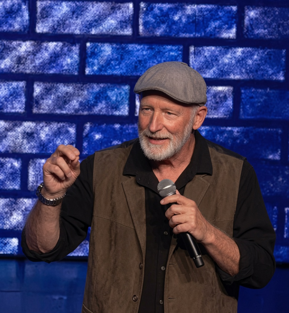 Paul Lyons performing on stage against a blue brick backdrop